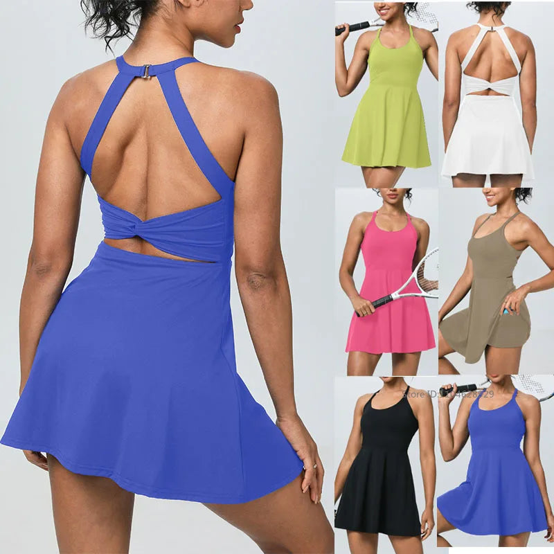 Summer Women Sexy Backless Tennis Dress Sleeveless A-Lined Athletic Dress Built-In Bra & Shorts Ladies Elastic Workout Skirts